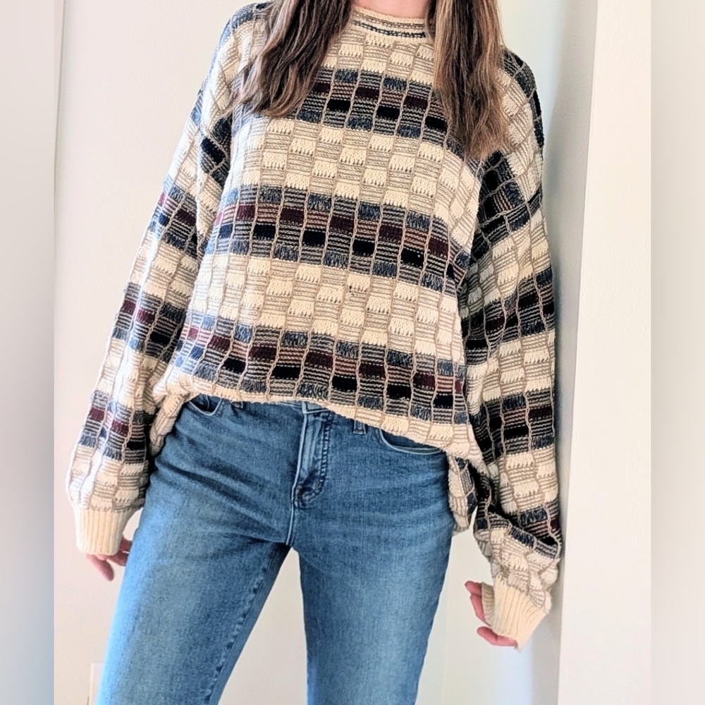 Vintage Abstract Geometric Chunky Textured Crewneck Sweater In Ivory/Navy